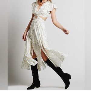 Free People Jasper Midi Dress White and Gold Foil Stars size 6 Boho Flowy